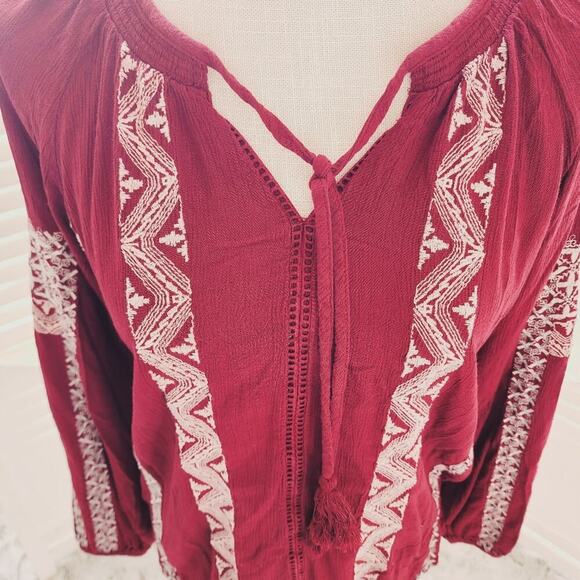 AMERICAN EAGLE BURGANDY EMBROIDERED BOHO BALLOON SLEEVE BLOUSE SIZE SMALL - Picture 2 of 7